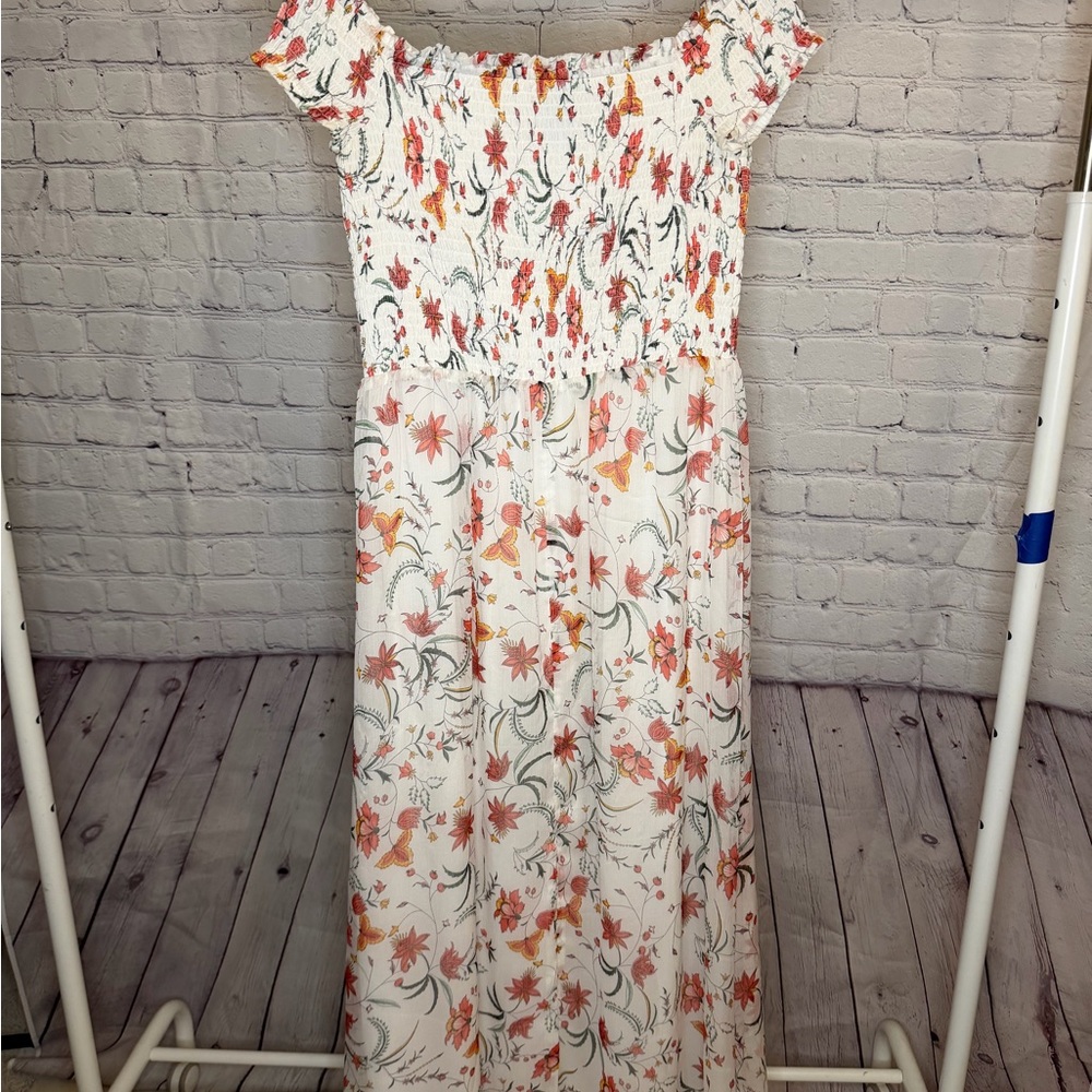 CeCe Floral Off-Shoulder Maxi Dress in Orange and White